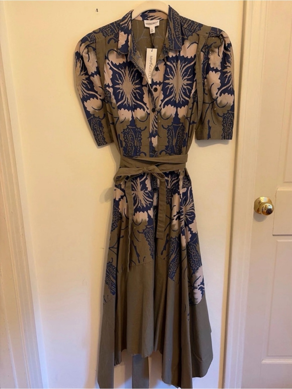 Asymmetrical Olive Green & Blue Floral Shirt Dress - Picture 2 of 4